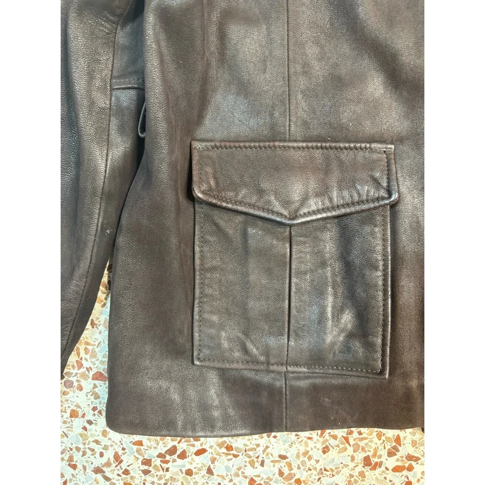 Oakwood Classic Mens Brown Leather Jacket Vintage Button Front Coat Large